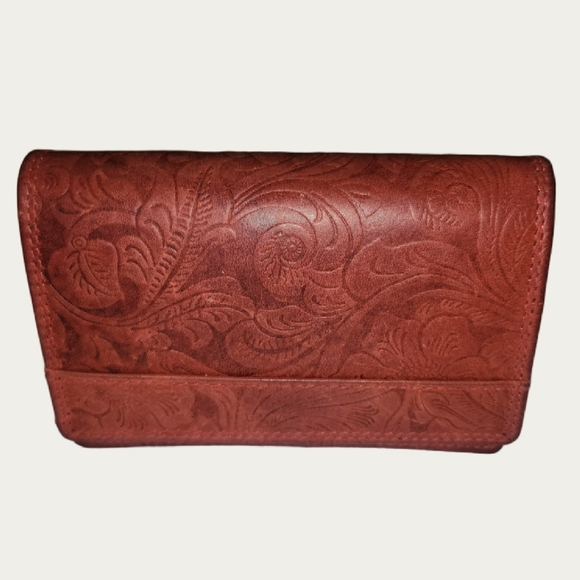 Red Hand Tooled Leather Wallet, EUC - Picture 1 of 16